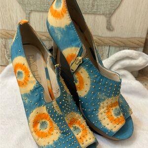RACHEL Rachel Roy Blue & Orange Tie-Dye Studded Peep-Toe Heels